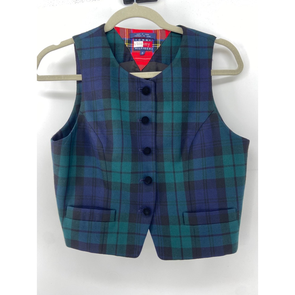 Tommy Hilfiger Vest Women 4 Black Watch Plaid Preppy Dark Academia Tartan Wool‎